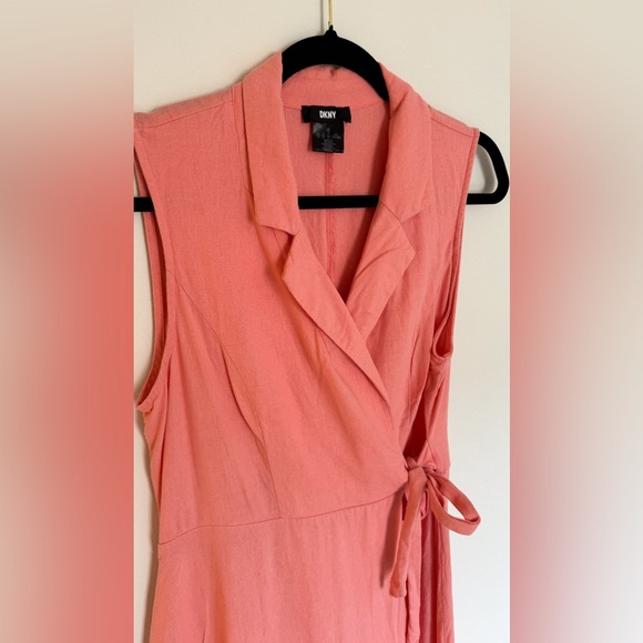 DKNY Sleeveless Linen/Viscose Salmon Sleeveless Wrap Midi Dress Size 12 - Picture 2 of 7